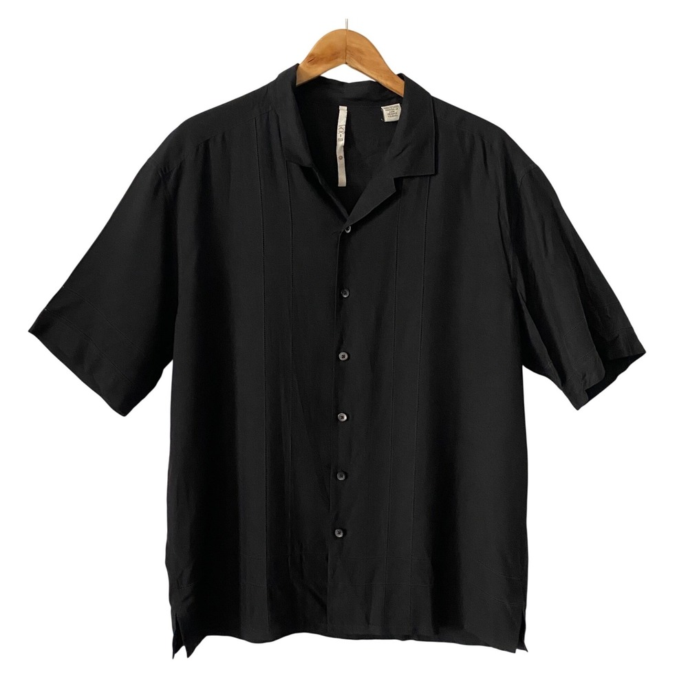 Axis Mens Black Short Sleeve !00% Silk Pintuck Guayabera Camp Collar Shirt XL